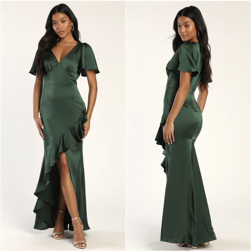NEW LULUS Eternal Bond Emerald Satin Ruffled Flutter Sleeve Maxi Dress Medium
